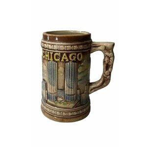 Vtg Souvenir Porcelain Stein Mug Chicago City Skyline Windy City Hancock Marina